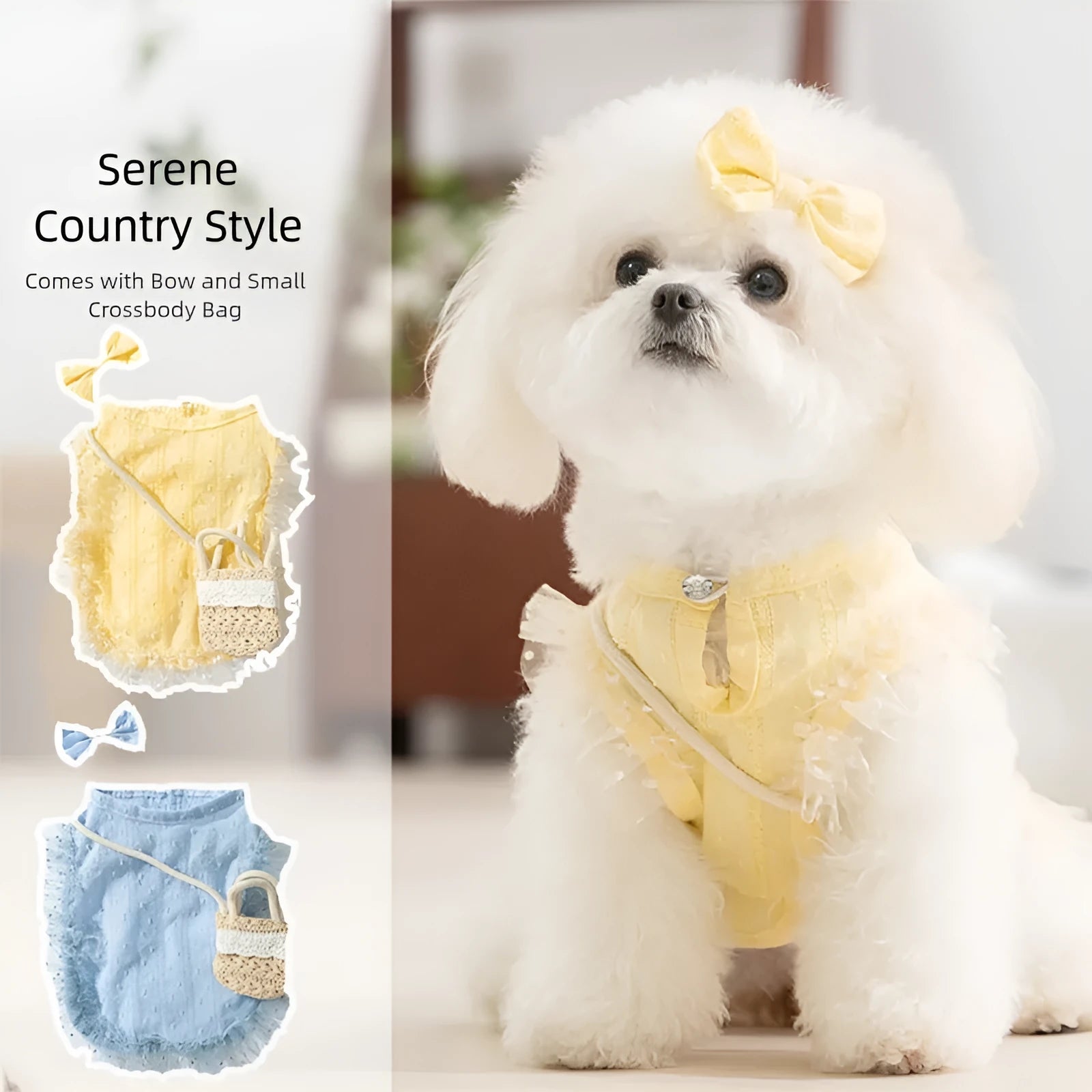 Two-tone blue sleeveless pet outfit with ruffles, matching bow, and small woven crossbody bag on a small dog