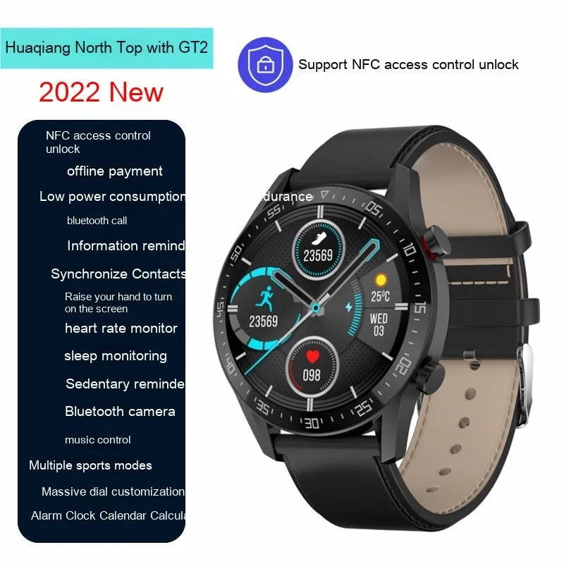 GT2 smart watch black strap 1.3 inch screen touch button NFC Bluetooth calling