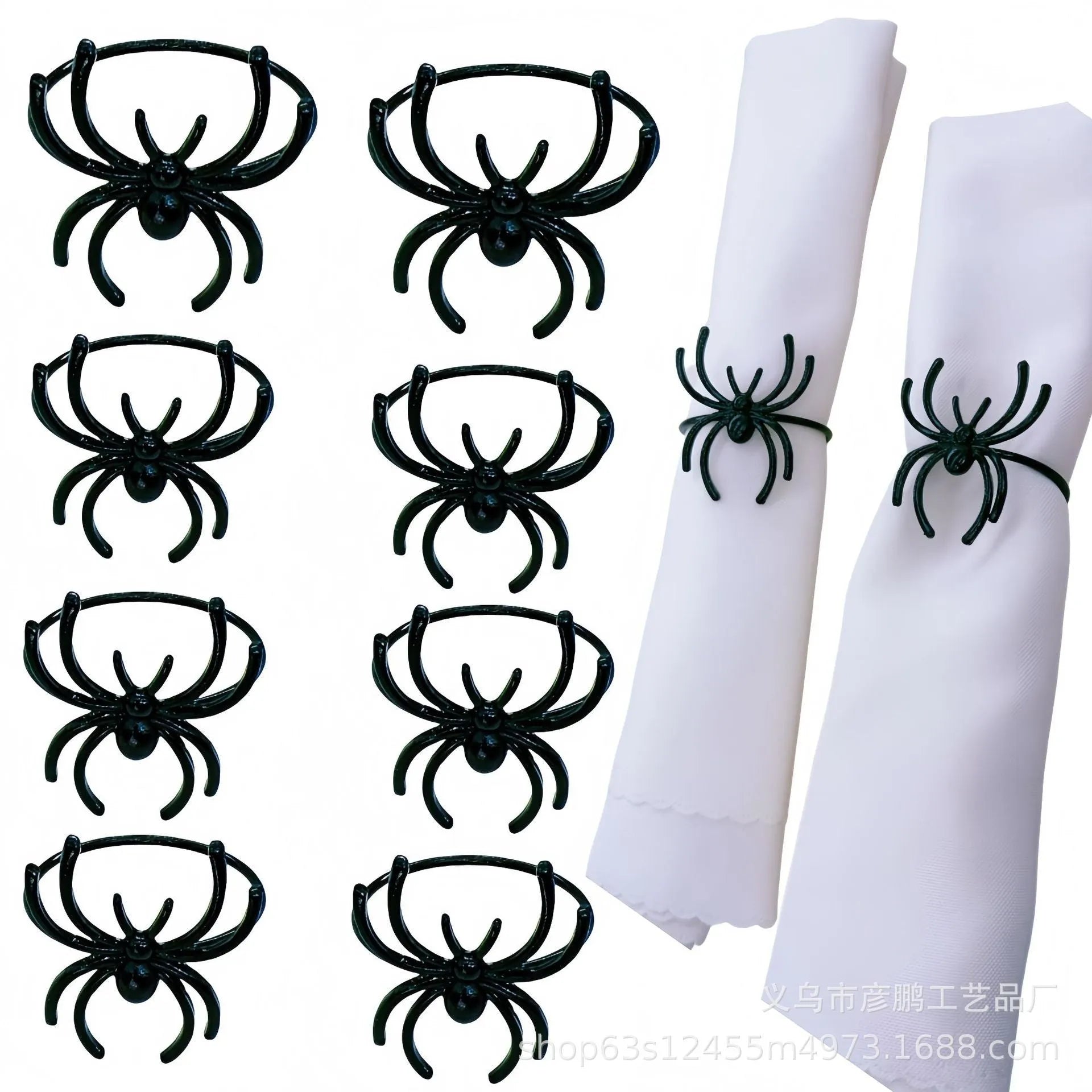Set of six black alloy spider-shaped napkin rings for Halloween table decoration.