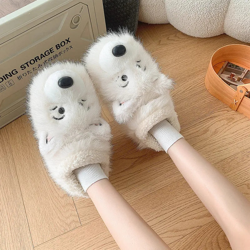 Grey and white plush ankle wrap cotton slippers with insulated artificial wool lining.