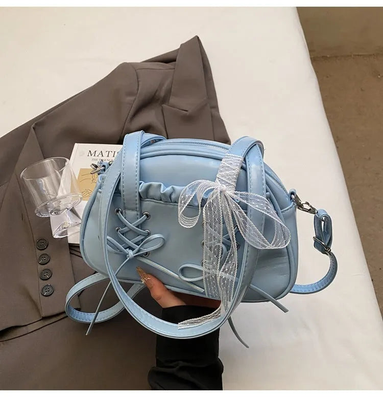 Women's bandage bow PU leather shoulder handbag with mobile phone pocket in milky white