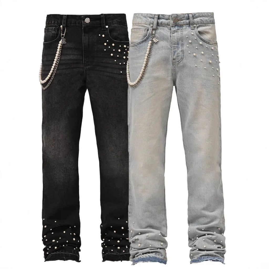 Men's straight-leg elastic diamond denim pants in light blue and black, sizes S to XL, cotton fabric.