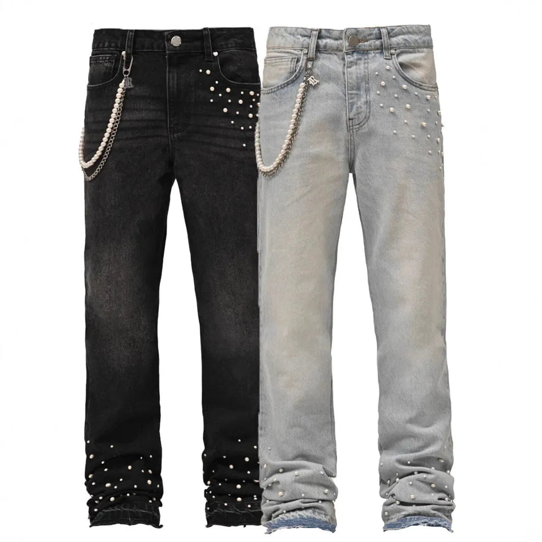 Men's straight-leg elastic diamond denim pants in light blue and black, sizes S to XL, cotton fabric.