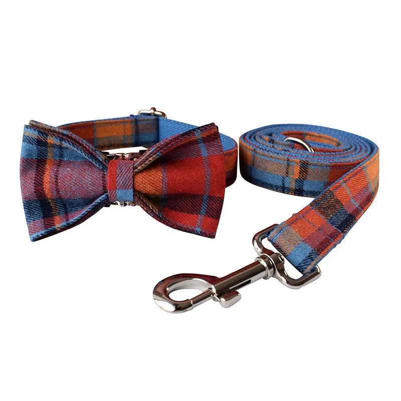 Blue velvet plaid pattern dog collar with metal alloy buckle in multiple sizes