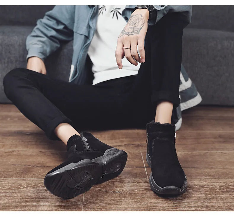 Men's high-top snow boots fleece-lined suede upper rubber sole non-slip winter sneakers black white