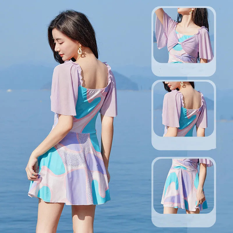 Women's high waist one-piece swimsuit with floral pattern in light purple or light blue