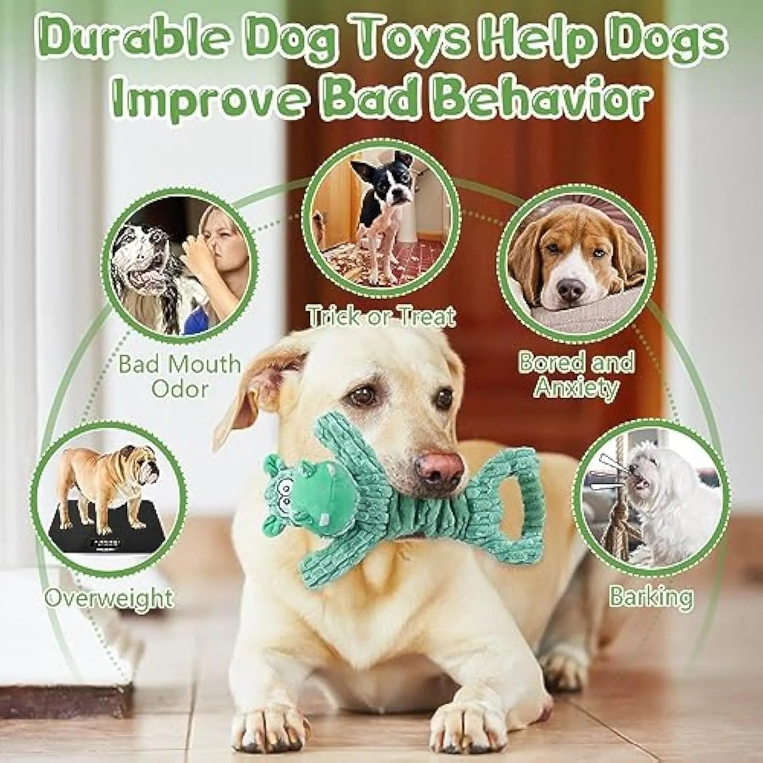 Large stretchy plush dog toy in Hippo or Monkey design with a squeaker and crinkle paper for tug of war.