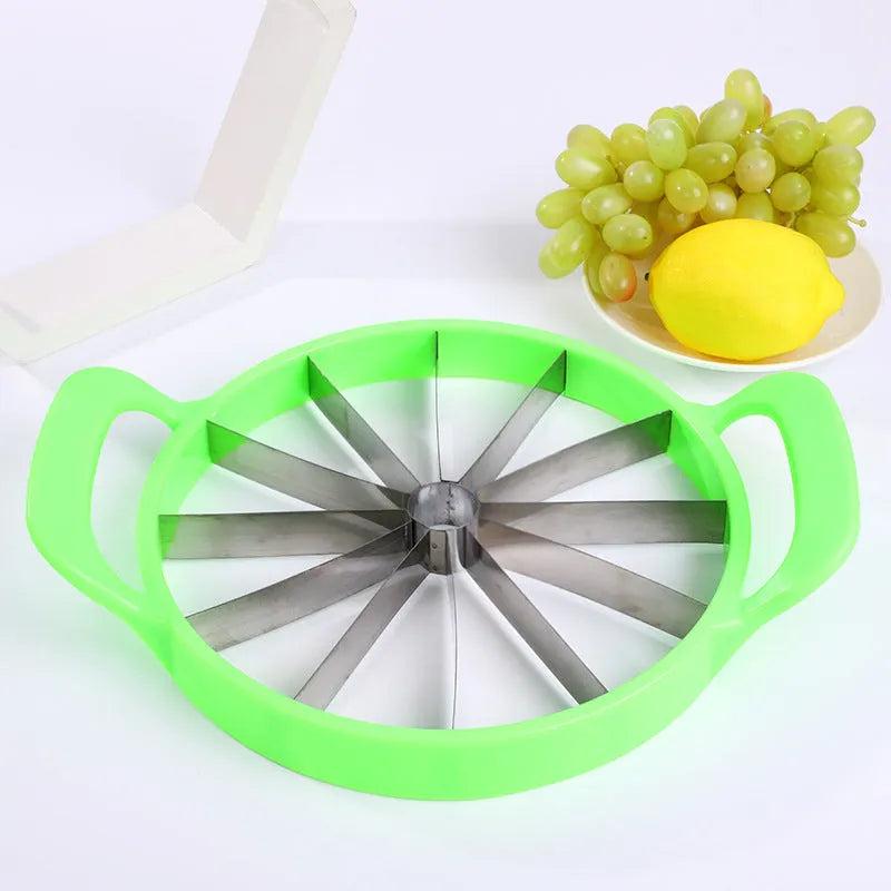 Green watermelon slicer with 410 stainless steel blade and non-slip plastic handle.