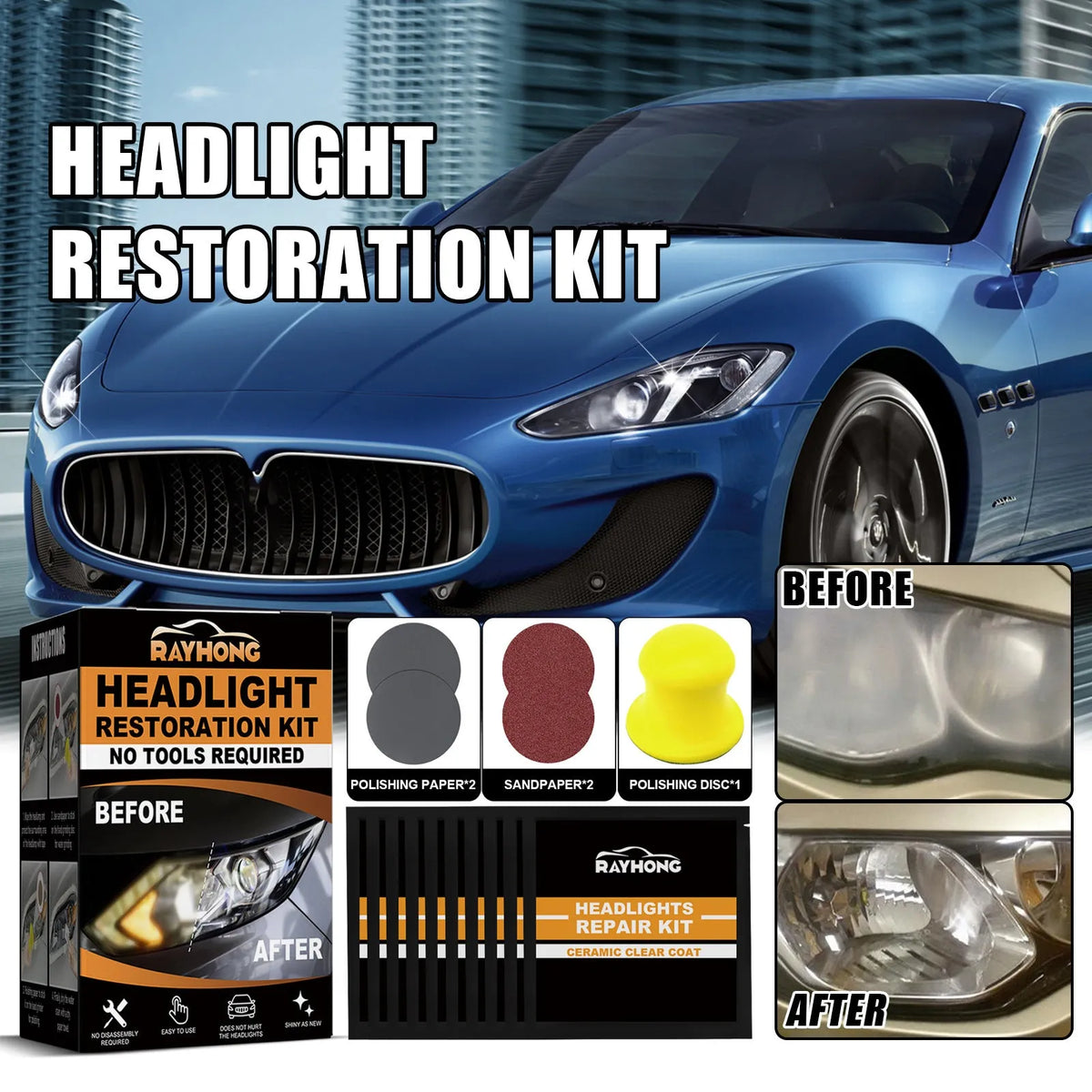 Car Ceramic Headlight Repair Kit for Polishing Renovation and Brightening Car Lights with Wet Wipes Polishing Paper Sandpaper and Polishing Disc