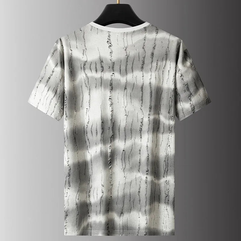 Gray plus-size men's loose-fit t-shirt with round neck and short sleeves on a hanger.
