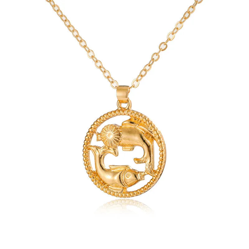 Simple alloy zodiac pendant necklace featuring twelve constellations including Aries, Taurus, Gemini, Cancer, Leo, Virgo, Libra, Scorpio, Sagittarius, Capricorn, Aquarius, and Pisces