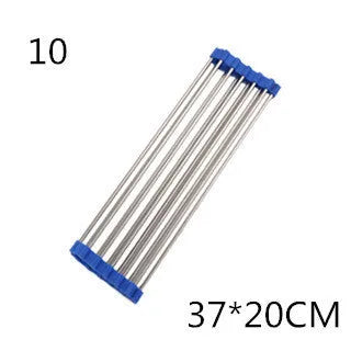 Folding stainless steel kitchen sink drying rack in red colour, shown extended for use.