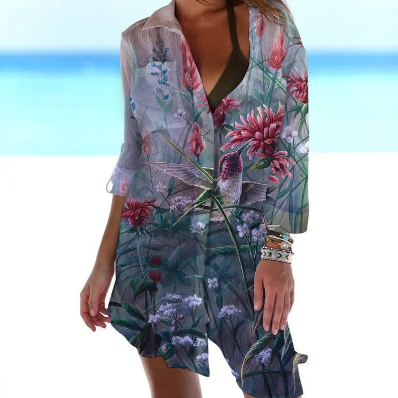Women's beach cover shirt with colourful bird and flower pattern, long sleeves, cardigan style