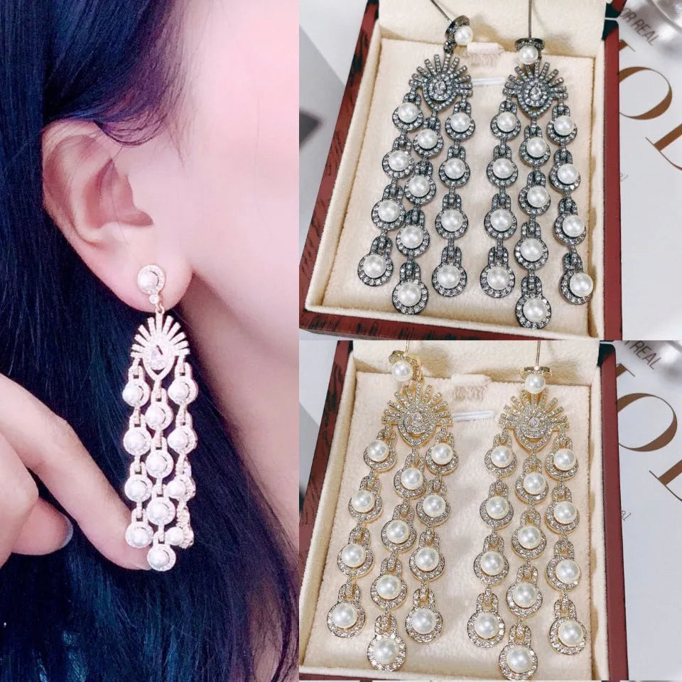 Micro inlay zircon beaded fringe earrings in gold zircon colour on copper base, drop dangle style