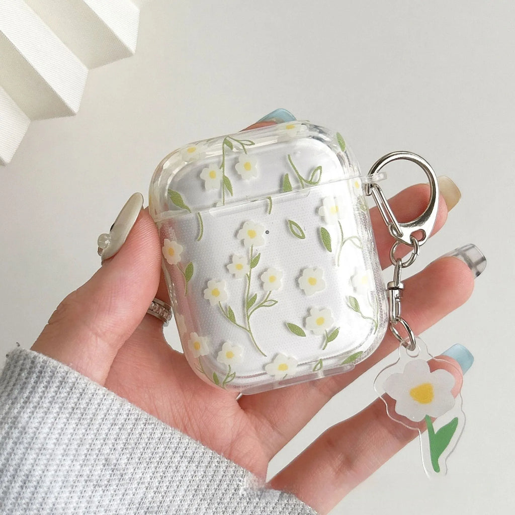 White floral pattern transparent TPU protective cover for Apple AirPods charging case