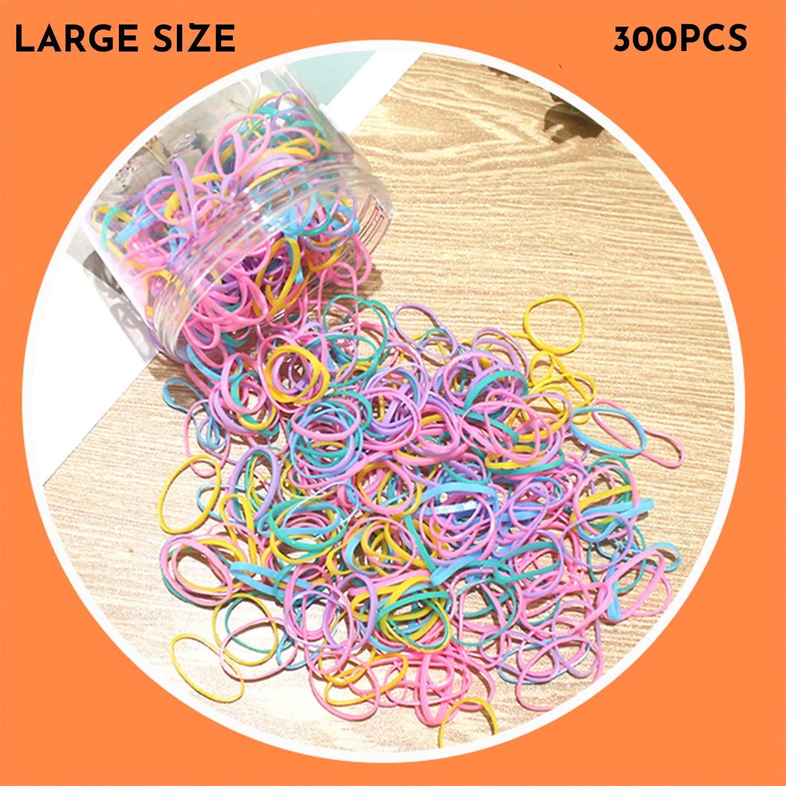 Assorted colourful TPU baby hair ties in a reusable plastic container.