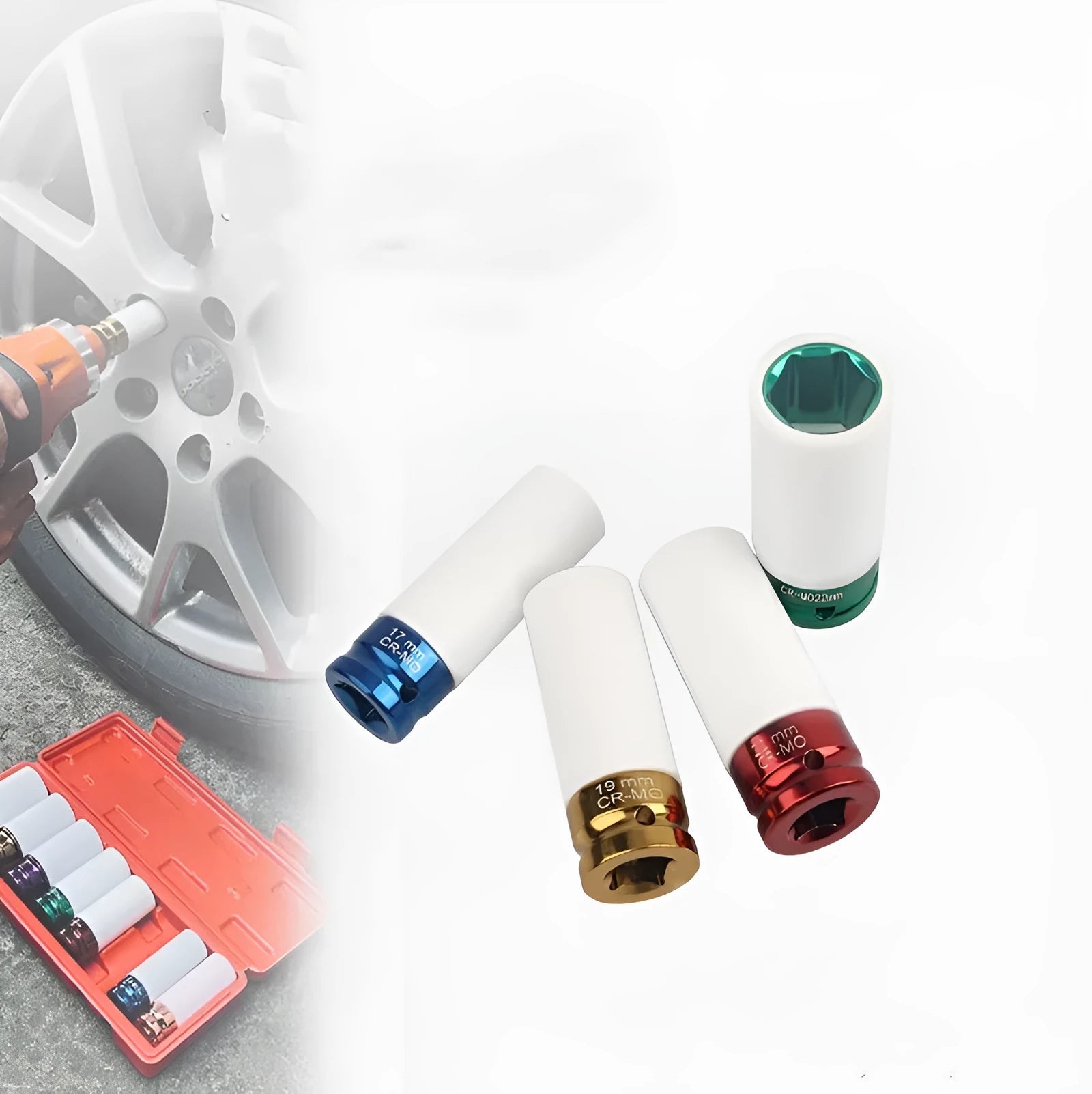 Single steel pneumatic impact wrench hexagon socket in 17mm, 19mm, 21mm or 22mm size.