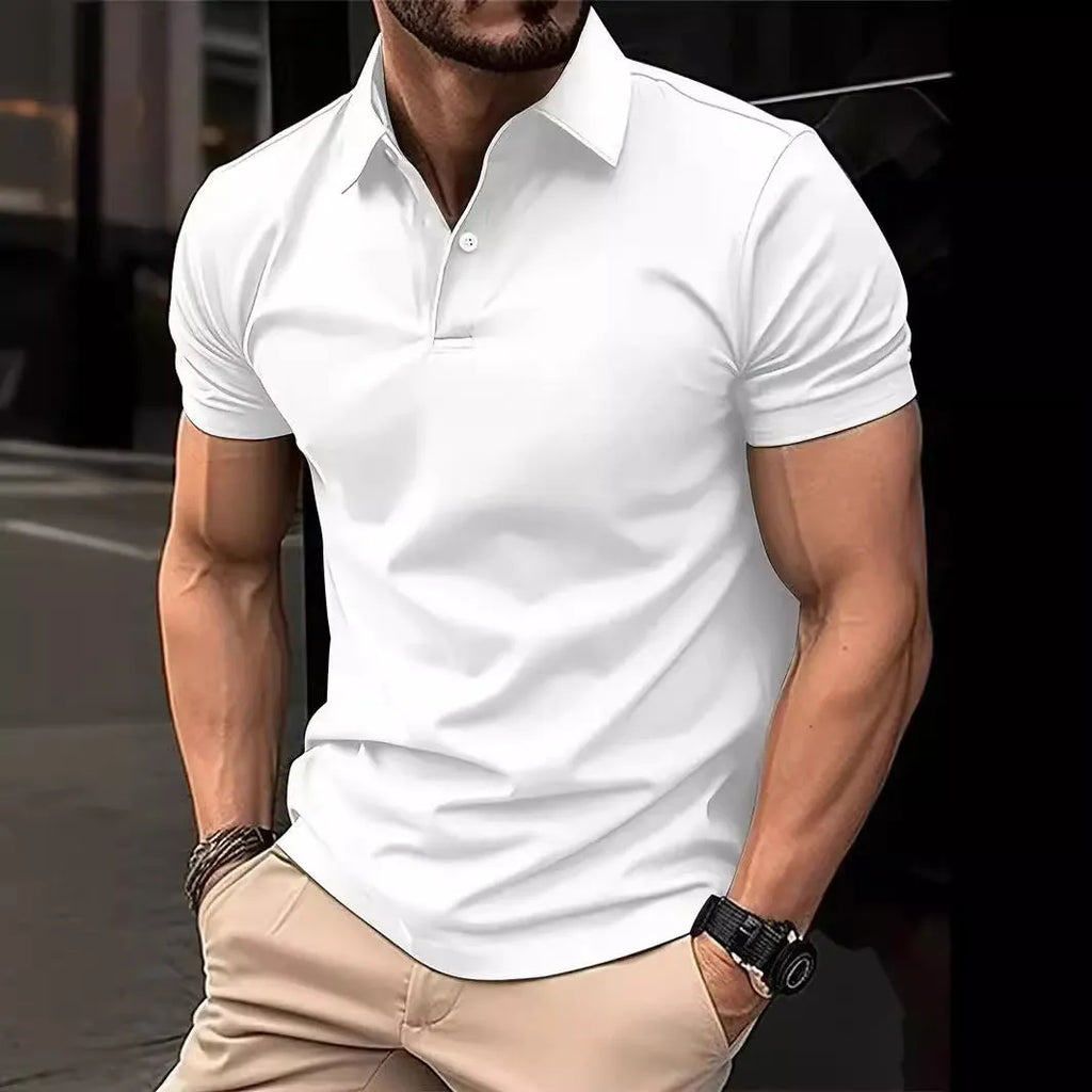 A man's solid colour casual short sleeve shirt in a slim fit style on a hanger.