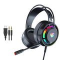 Black over-ear wired computer headset with microphone and long cable on a desk.