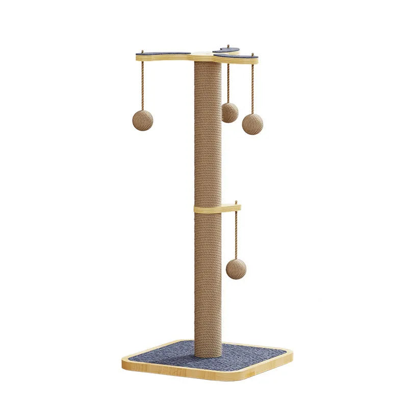 Windmill-shaped cat climbing frame with a hanging ball toy and carpet leather perches on a pine wood structure.