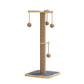 Windmill-shaped cat climbing frame with a hanging ball toy and carpet leather perches on a pine wood structure.