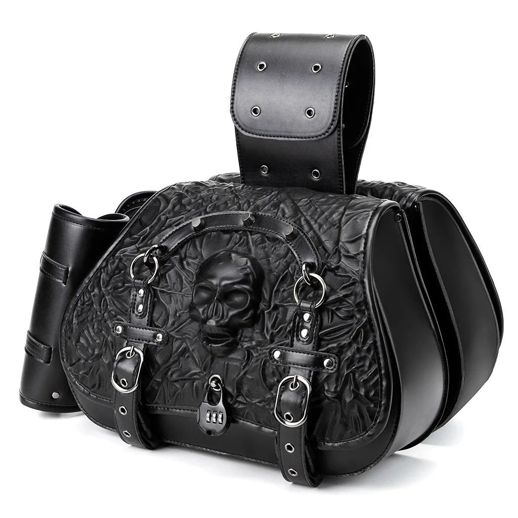 Pair of black PU leather motorcycle modified side luggage bags mounted on a bike.