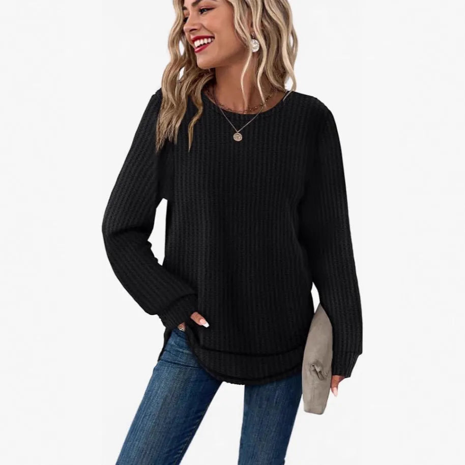 Waffle loose round neck high low curved hem top in plaid pattern, dark khaki colour