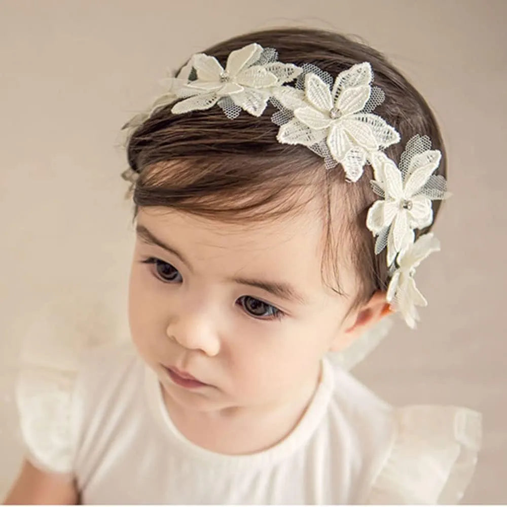 Baby girls cute bow-knot headband with soft lace floral trim, elastic design, 8-22 inches