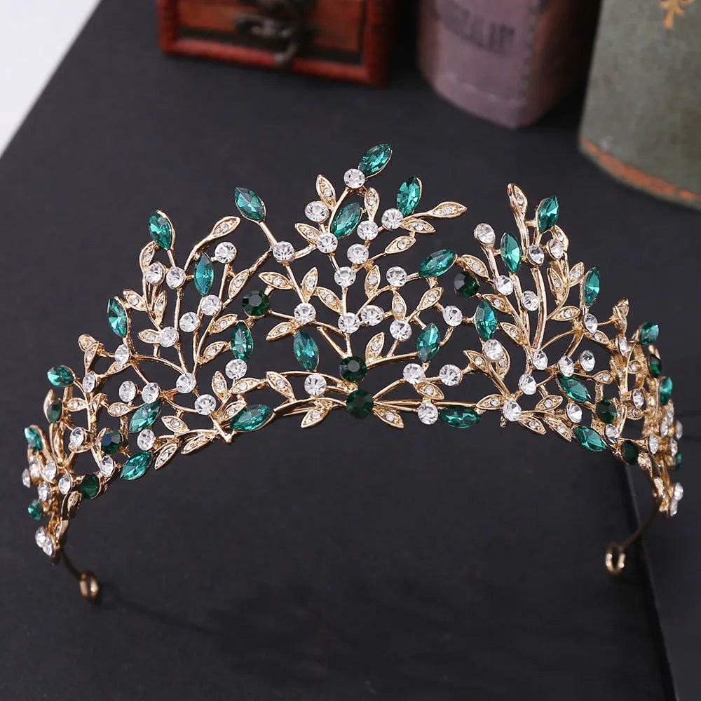 Vintage rhinestone crown headdress in alloy, 15 x 6.5cm, with green phantom quartz crystal and electroplated finish.