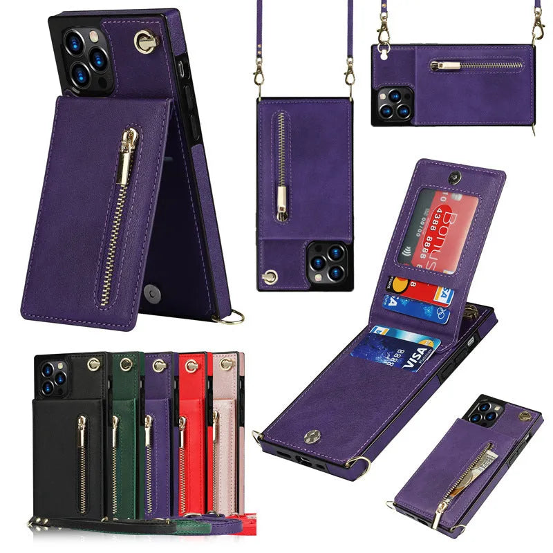 Black leather and TPU mobile phone case shown on a Samsung Galaxy S21 smartphone.