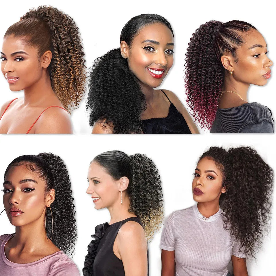 Drawstring puffy ponytail afro curls wig in medium length for ladies, style simple, colour #1B