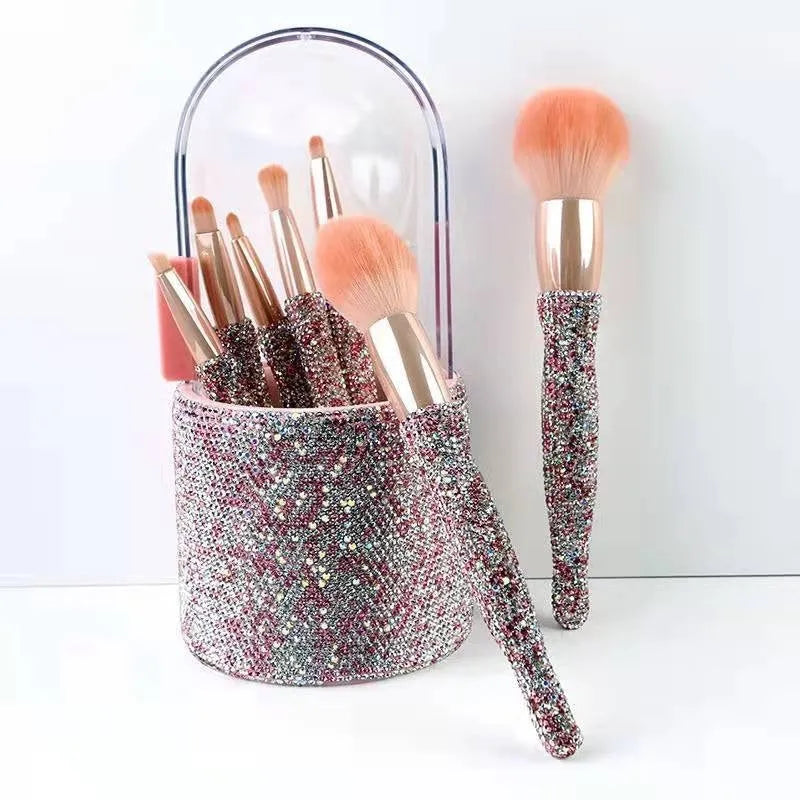 Light luxury diamond-embedded makeup brush set with 8 brushes and storage bucket in white and pink