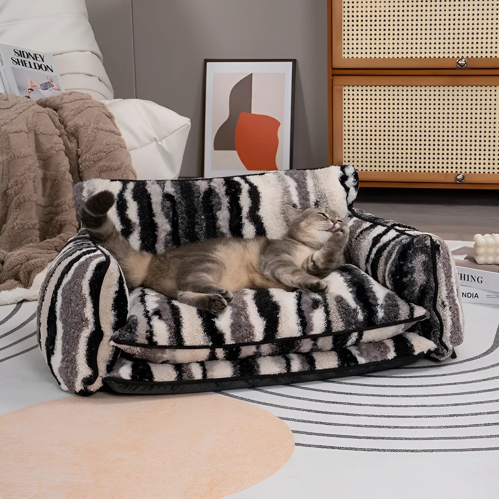Cloth pet sofa dog bed in Black and White Ripple colour fully removable washable cover size L