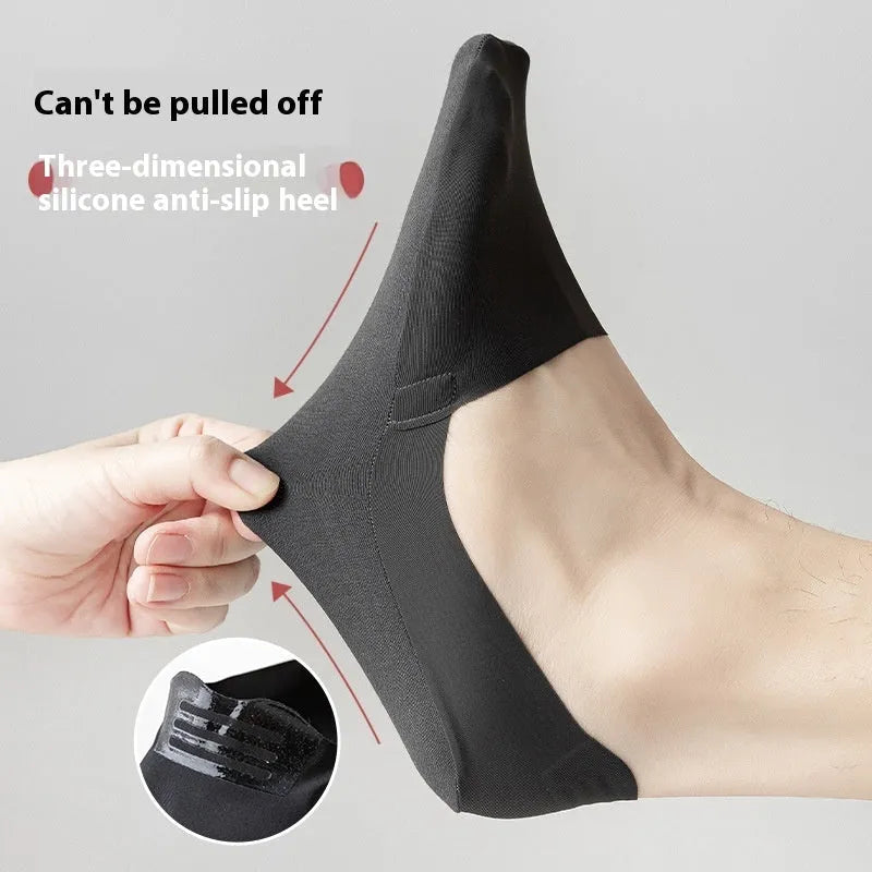 Men's low-cut seamless socks in ice silk fabric with pure cotton sole, shown in multiple colours.