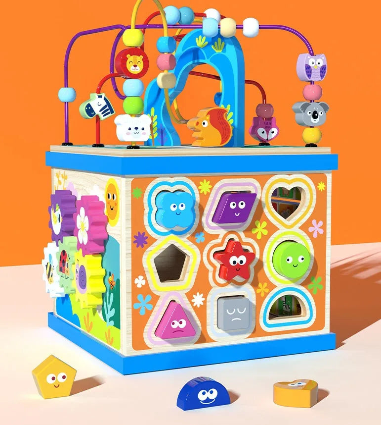 Blue wooden bead treasure box toy with multifunctional scenes for baby development