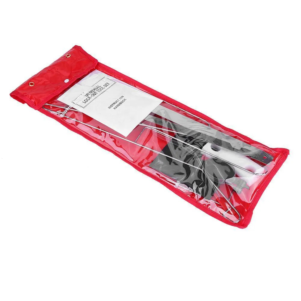 Nine-piece automotive maintenance tool set showing air pump wedge, plastic wedges, metal crowbars and hooks for car door access