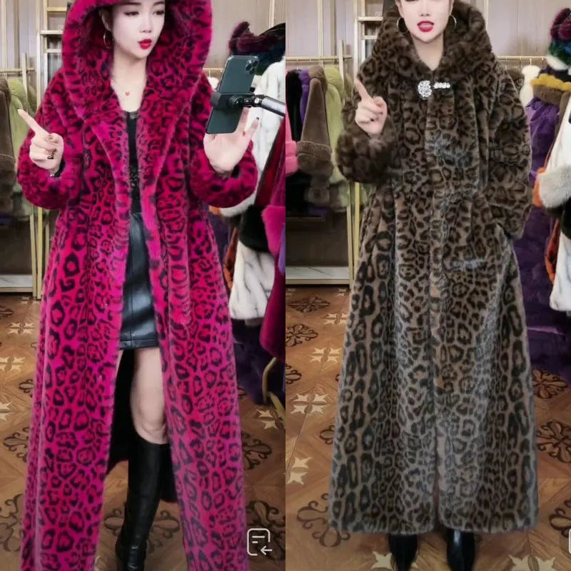 Long brown leopard print artificial fur coat for women on a hanger, showing its loose, lengthened fit.