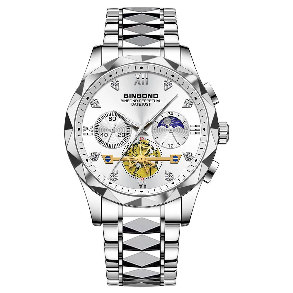 Men's casual quartz watch with round stainless steel case and strap, white dial, black bezel, 11mm thick