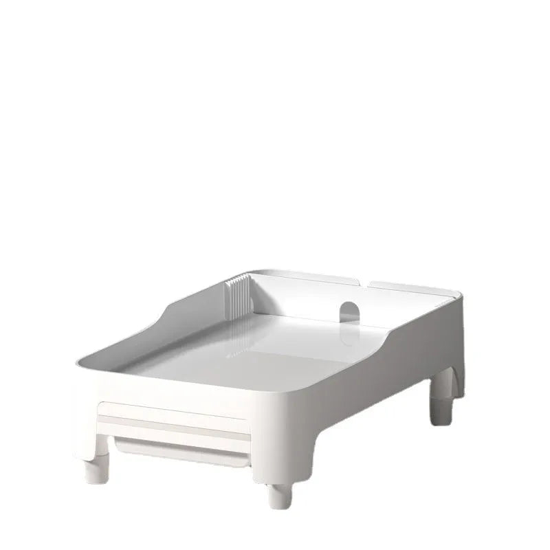 Automatic pet feeder elevated rack in white bracket with PP construction, barrier board, and drawer storage for cats and dogs