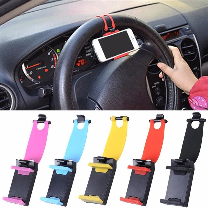 Black universal steering wheel phone mount clip holding a smartphone for hands-free use while driving.