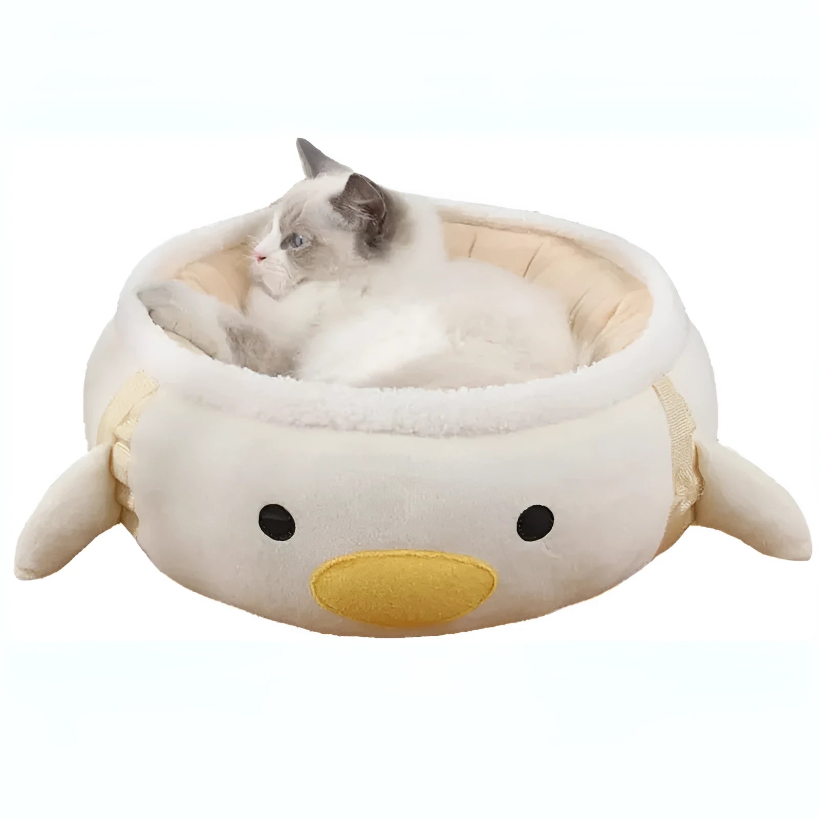 Green chick-shaped cat bed shown both flat and hanging as a hammock for a small cat