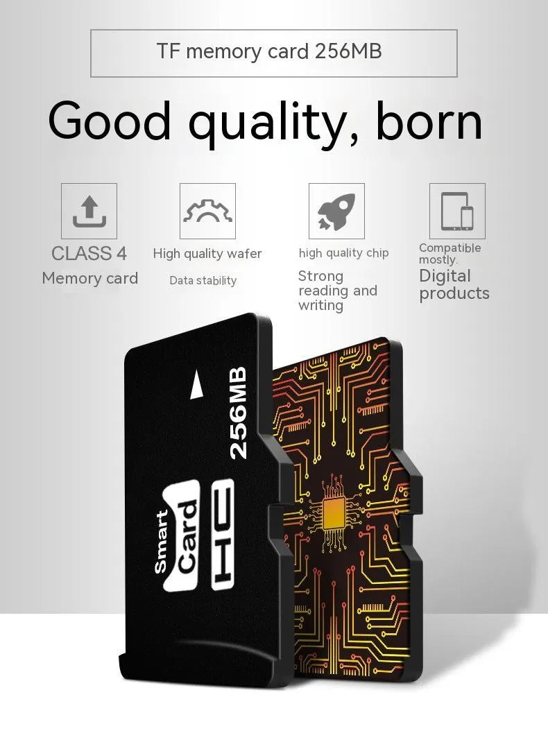 256MB capacity TF series memory card shown with scale indicating 11mm by 15mm dimensions.