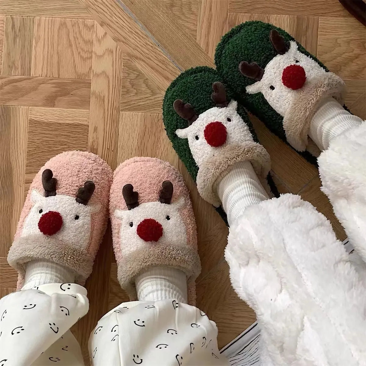 Women's green Christmas deer cotton plush slippers with non-slip PVC soles.