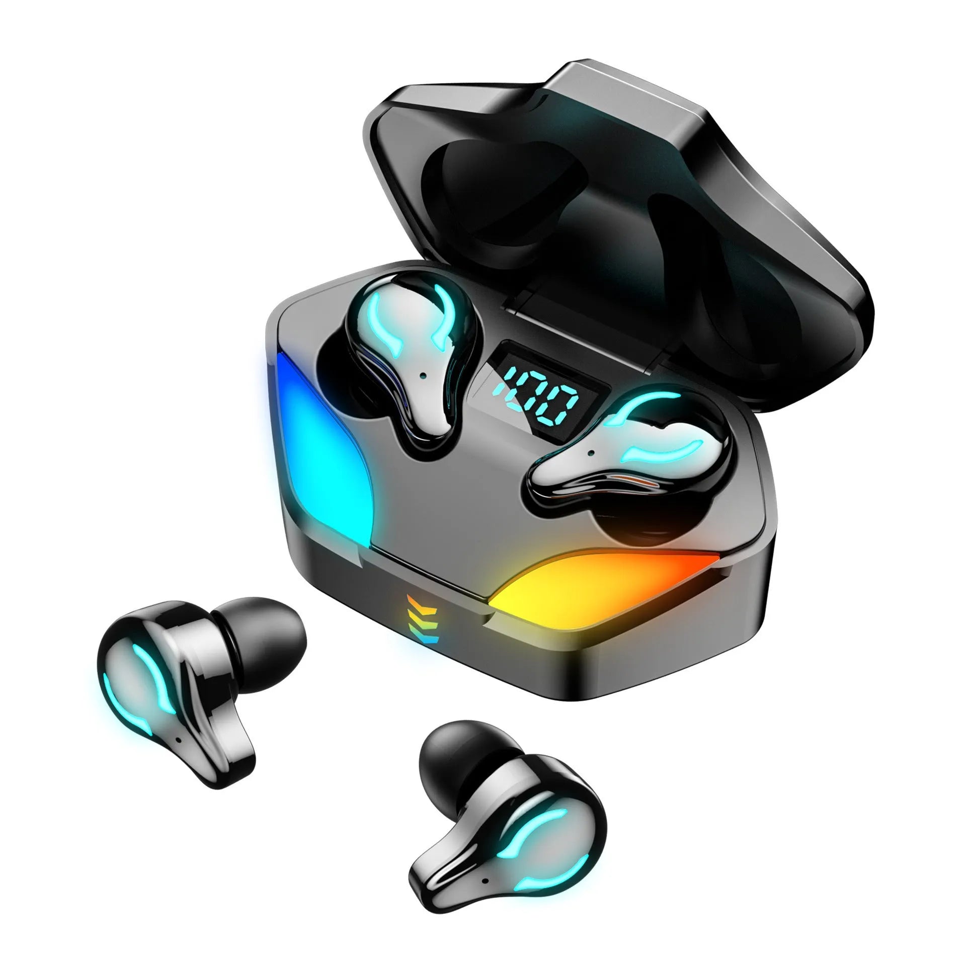 Black in-ear Bluetooth gaming headset for mobile e-sports with zero audio delay.