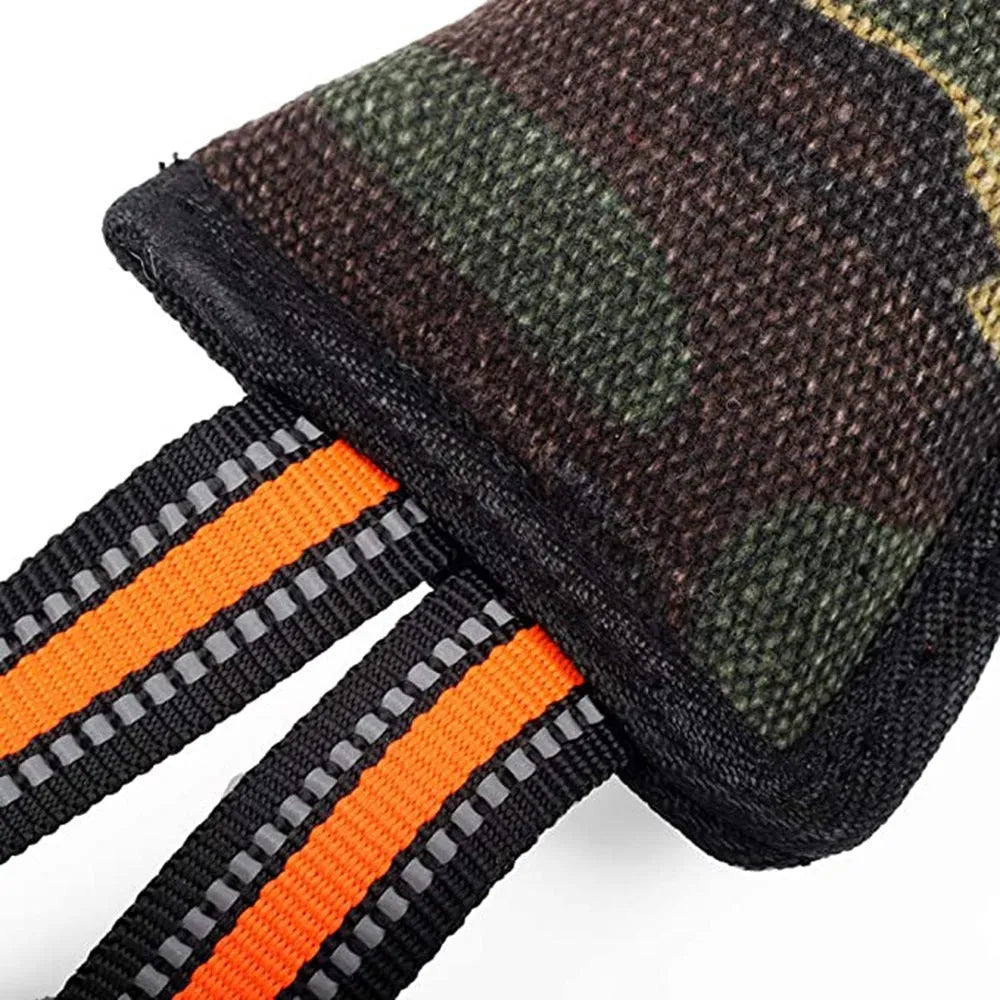 Long yellow-edged jute dog bite stick with reflective strips for tug training.