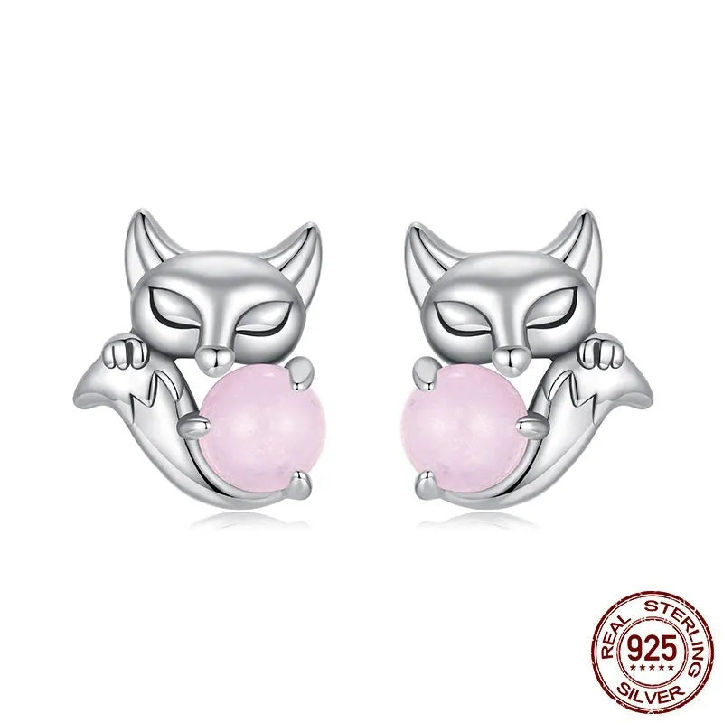 S925 sterling silver fox stud earrings with jade inlay, colour SCE1903, pair for women