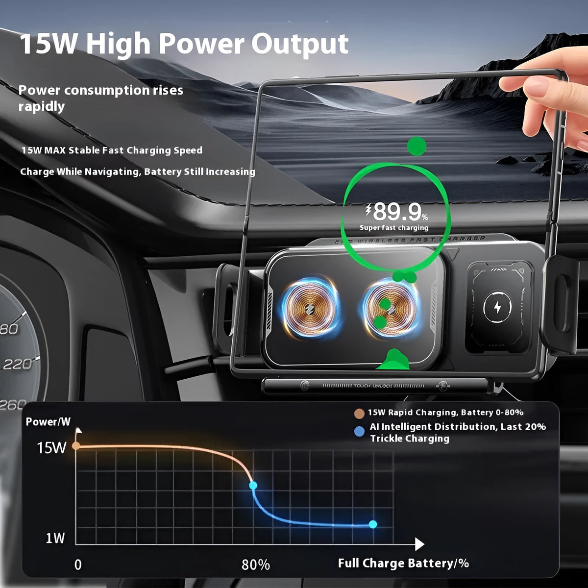 Folding screen car phone charger with wireless charging pad in Xingyao Black plastic finish