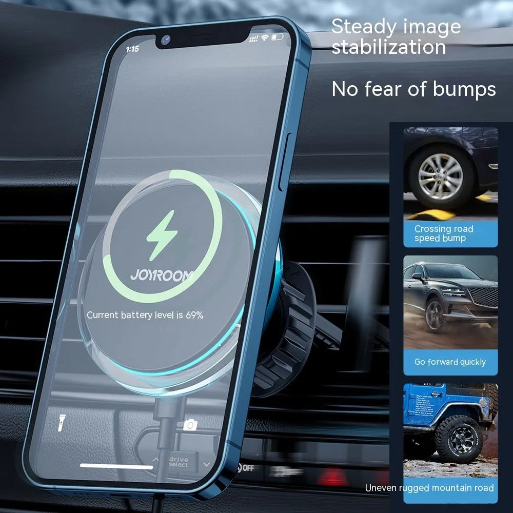 Black magnetic wireless charging car phone mount attached to vehicle air vent