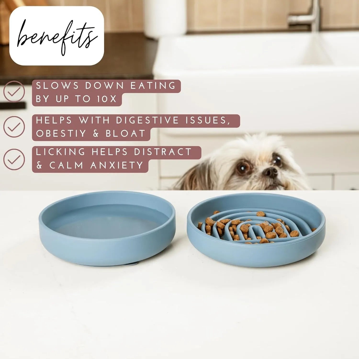 Silicone slow feeder dog bowl with textured ridges, shown in beige colour on a wooden surface.