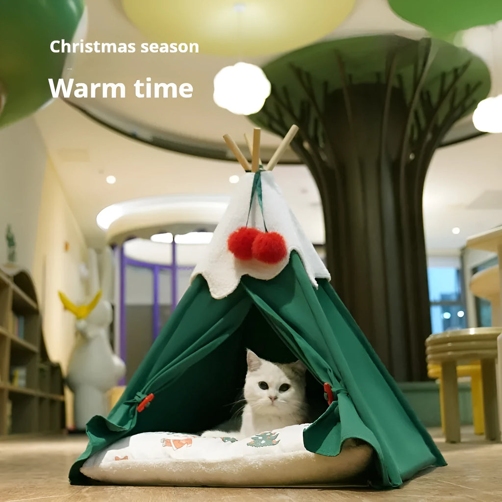 Semi-closed thick cloth cat house bed in brown or white, shown in two size options.